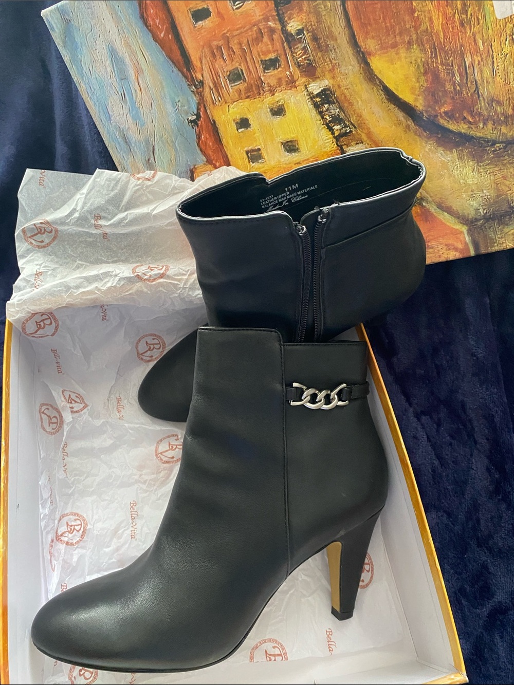 Bella Vita Black Ankle Boots with Chain Detail
